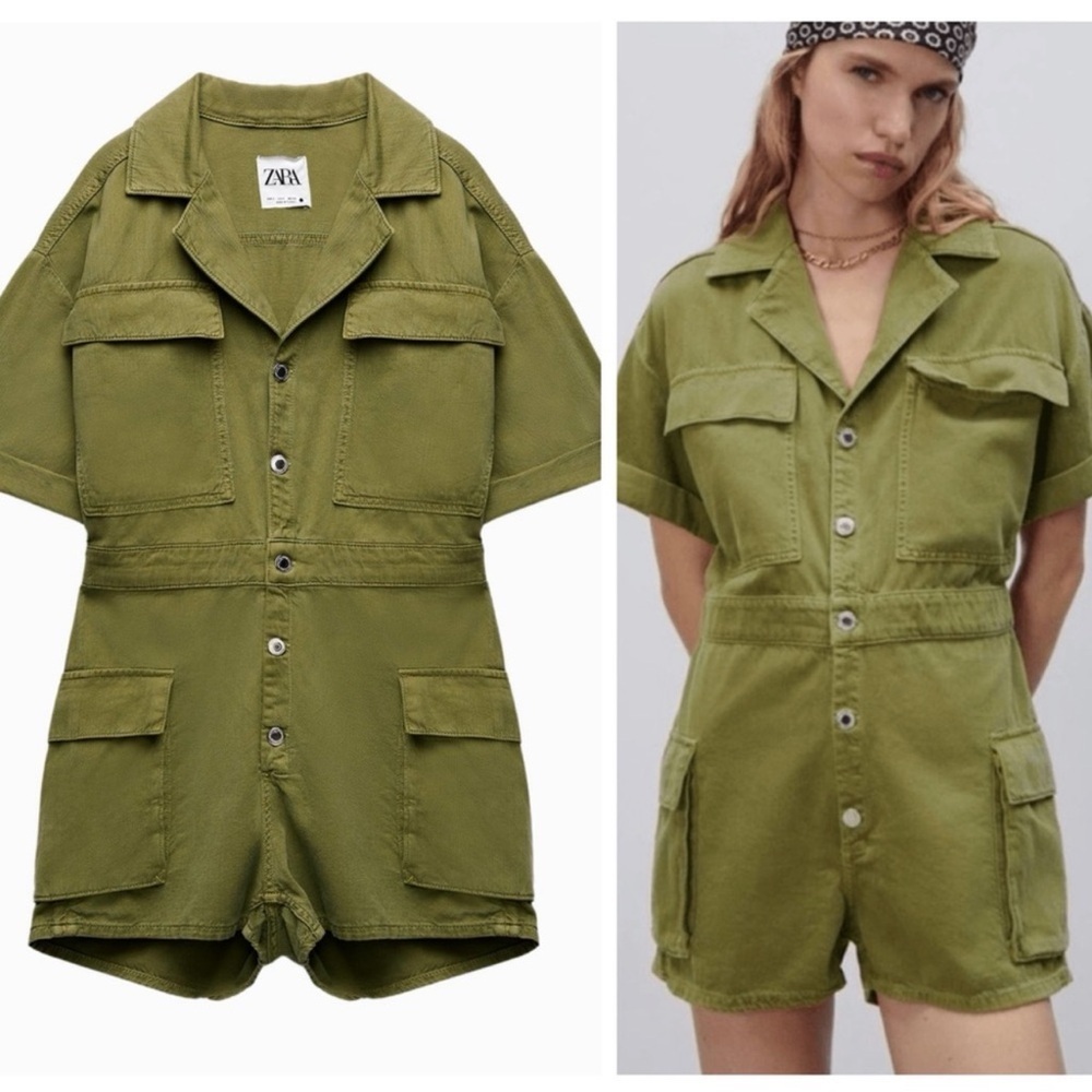 ZARA Safari Utility Playsuit Olive Green Cargo Romper NWT Sz L Military